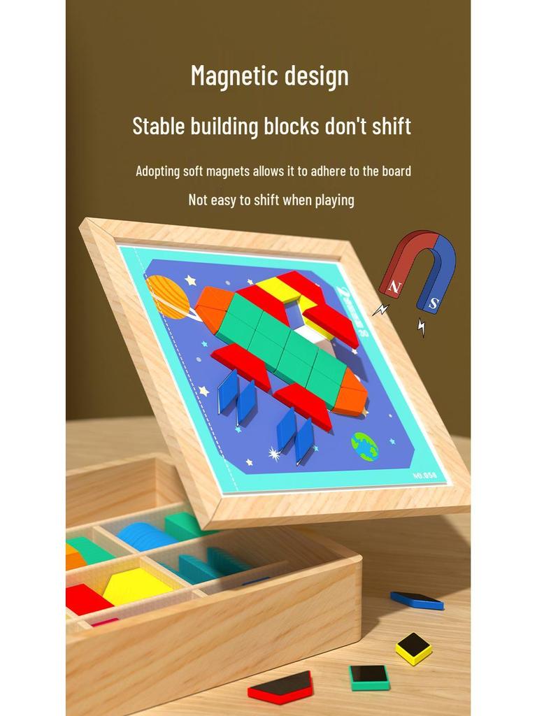 Double-Sided Wooden Magnetic Puzzle & Drawing Board: Tangram & Geometric Building Blocks for Kids' Education