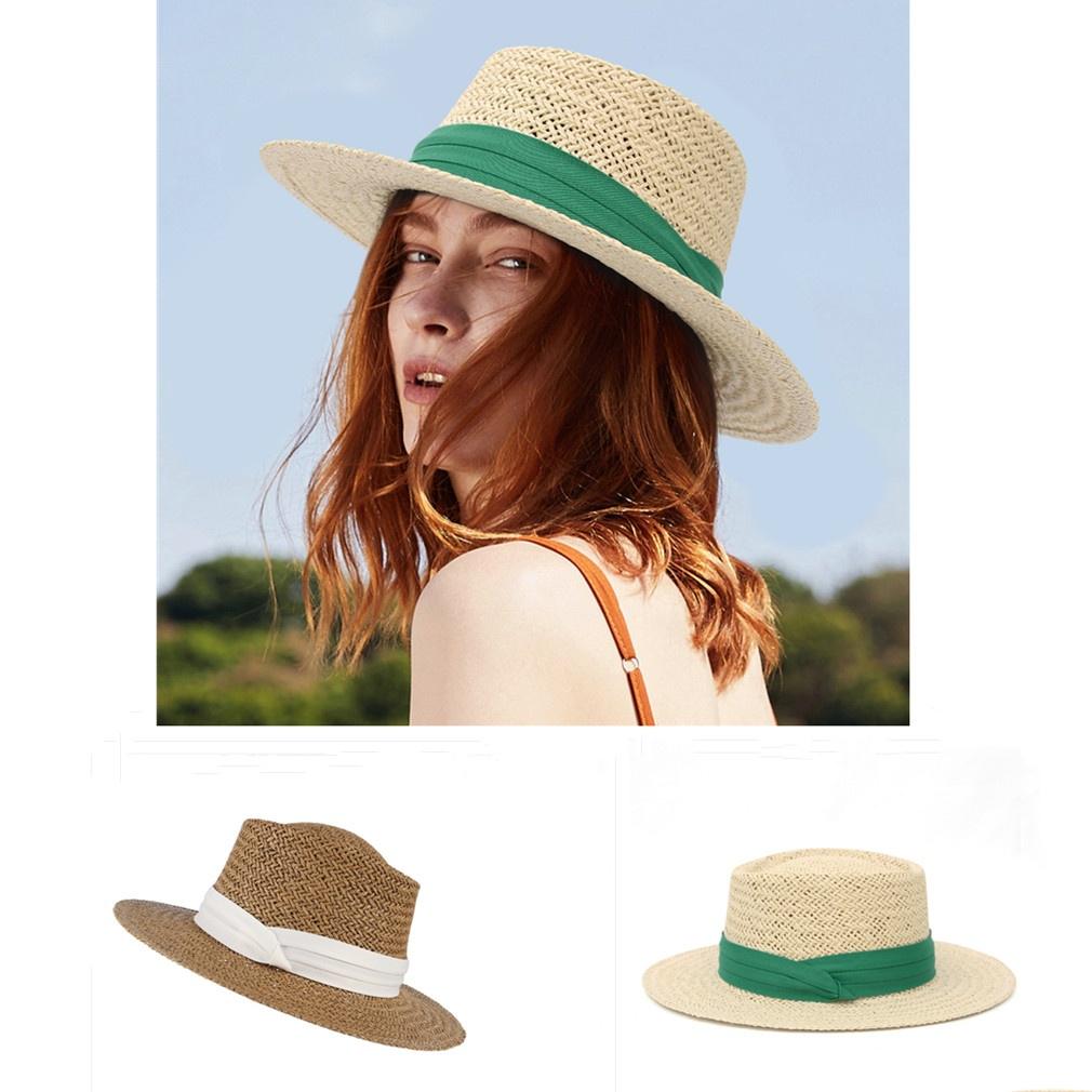 Ladies Flat Top Straw Hat Summer Beach 