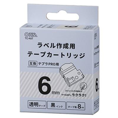 OHM Compatible Label Tape Cartridge for Tepra 6mm Clear Black PRO, Tape, Ink, TC-K6T 01-3806