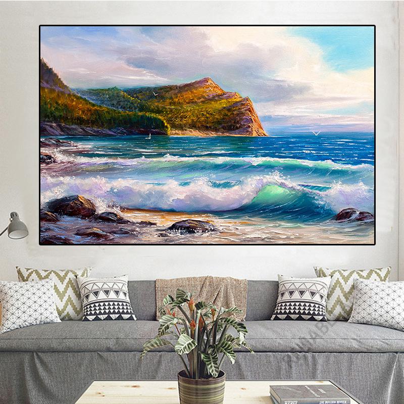 Obraz olejny Vintage Fale Morskie Wydrukowany na Płótnie Statek Zachód Słońca Pejzaż Plakaty i Druki do Dekoracji Salonu Cuadros