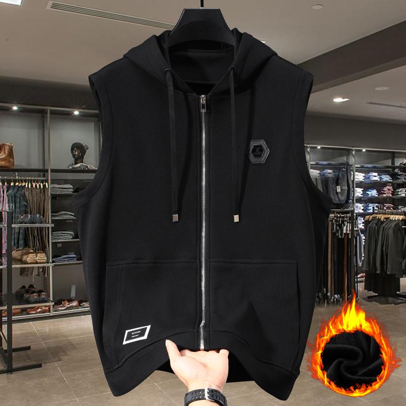 Plus Size 5XL-11XL Fashion Autumn Winter Oversize Warm Sleeveless Vest Men Outerwears Thick Faux Fleece-lined Men's Jacket Hooded