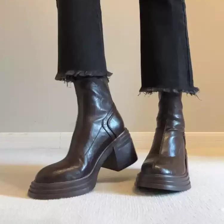 Cowhide Version~ Brown Retro Leather Thick-soled Heightening Martin Boots Women's Simple Rear Zipper Thick Heel Retro Thin Boots