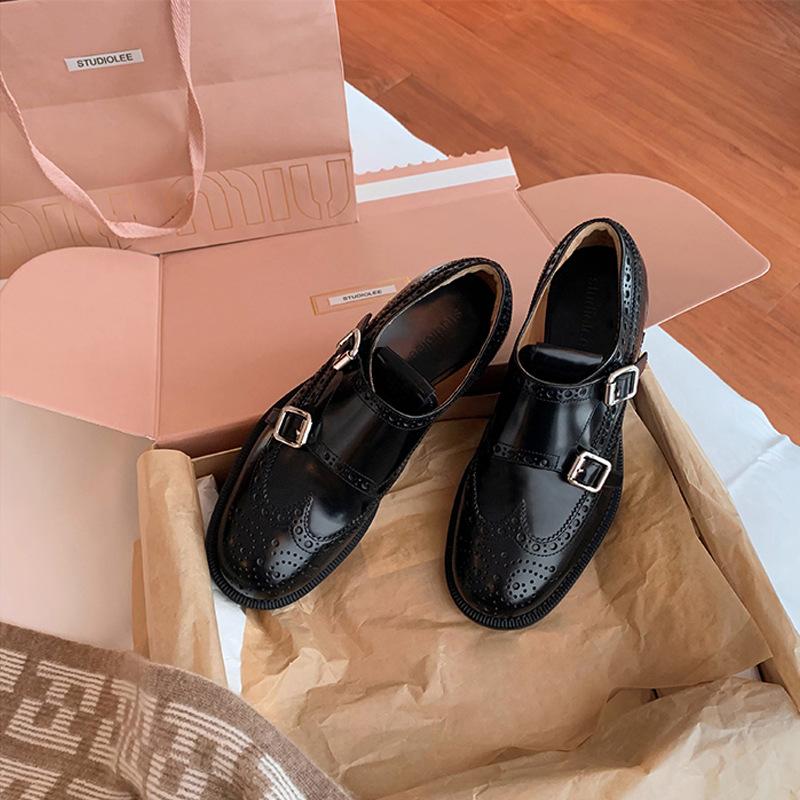 Grape mother same style, exquisite carved baroque belt buckle loafers Oxford shoes single shoes Munch small leather shoes women
