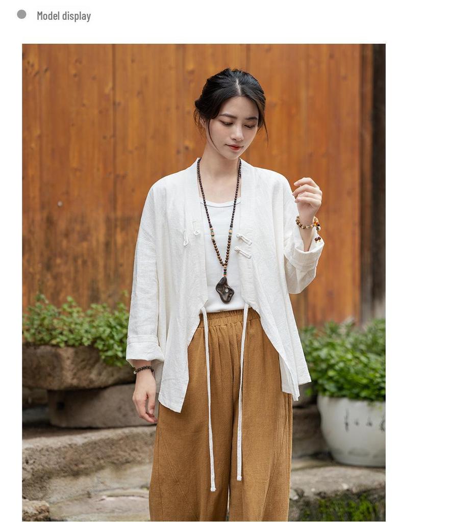 Ramie Sand-Washed Zen Style Hanfu Top – Women's Spring Edition, Cross-Collar, New Chinese Tea Art Design