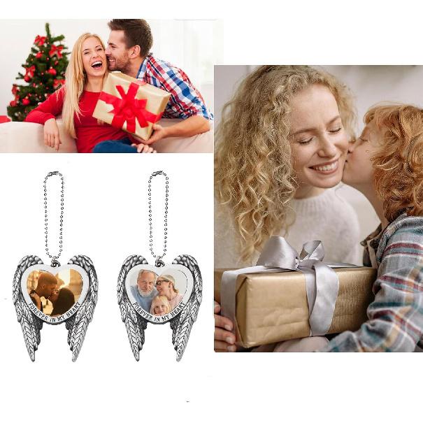 6 Set Sublimation Angel Wing Ornament Blanks Metal Love Heart Pendant Personalized Car Hanging Ornaments with Blank Photo for Home Window DIY Picture
