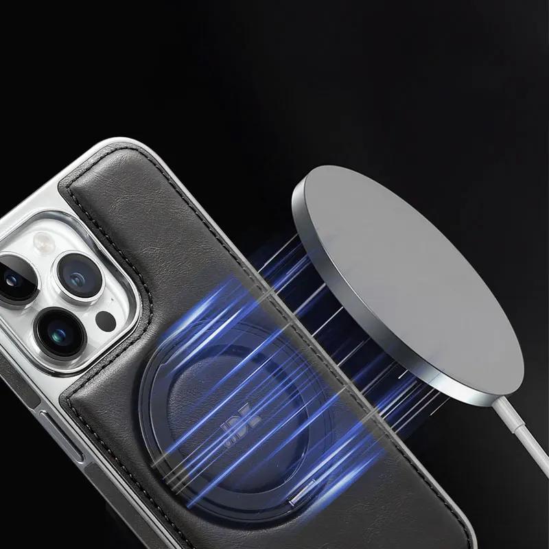 Luxury Magnetic 360 Rotation invisable Kickstand Wireless Charging Leather Case For iPhone 15 Pro Max 14 Plus 13 12 11 Cover