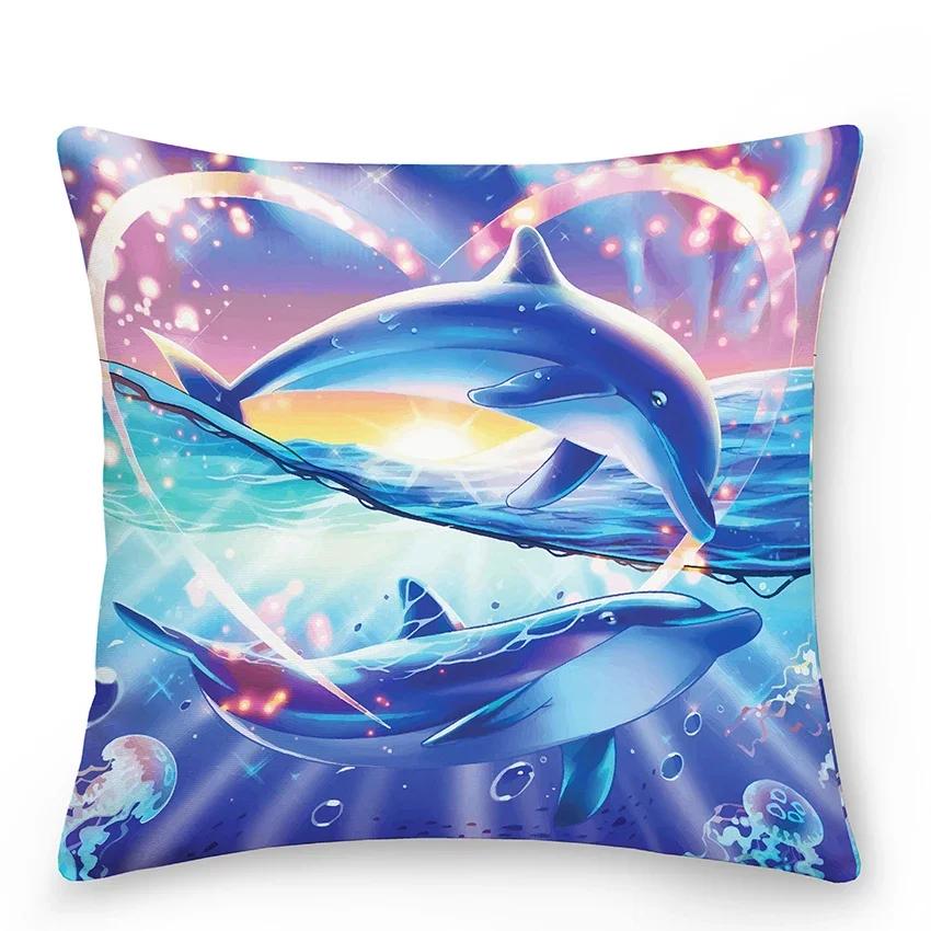 Home Decor Bedroom Car Cushion Cover Blue Dolphin Print Pillow  Mermaid    Sofa