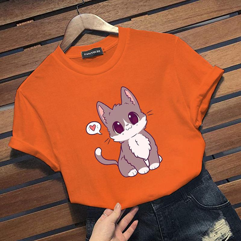 

Новая женская футболка с милым аниме-принтом кошки, женская модная свободная футболка с кошкой в стиле Харадзюку, топы 4XL