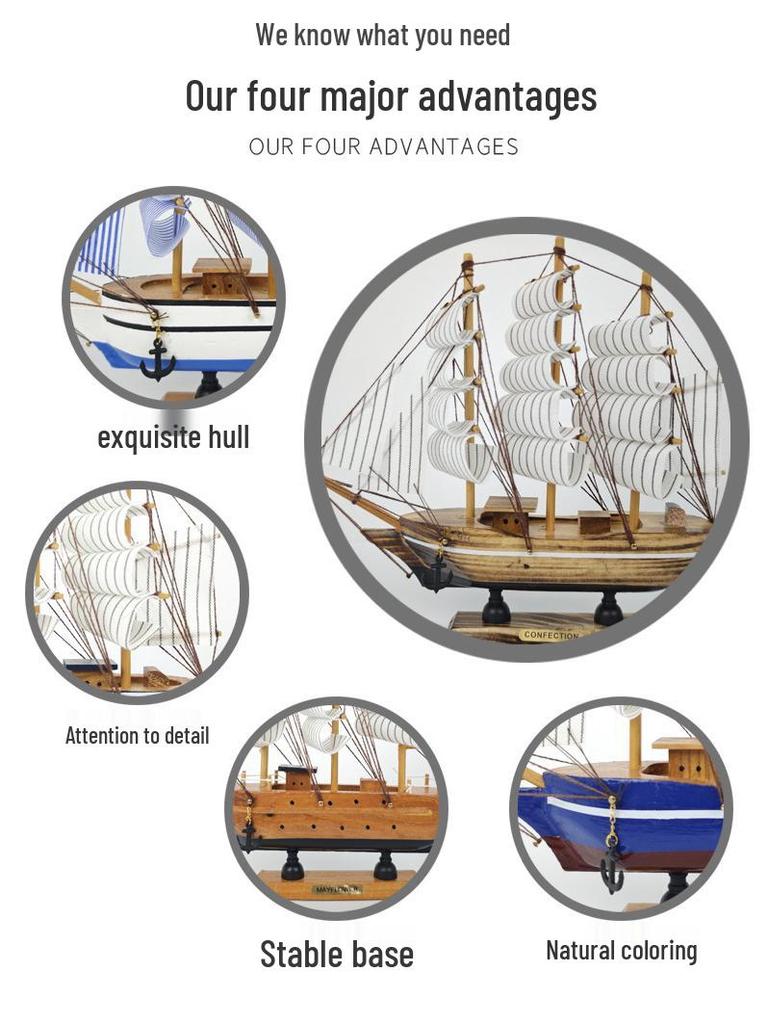 24cm Wooden Sailboat Model Mediterranean Decor