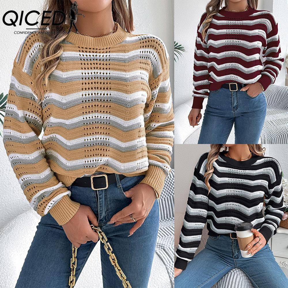 QICED Autumn and Winter Casual Hollowed-out Color-blocked Striped Lantern Long-sleeved Pullover Sweater Women's Wear