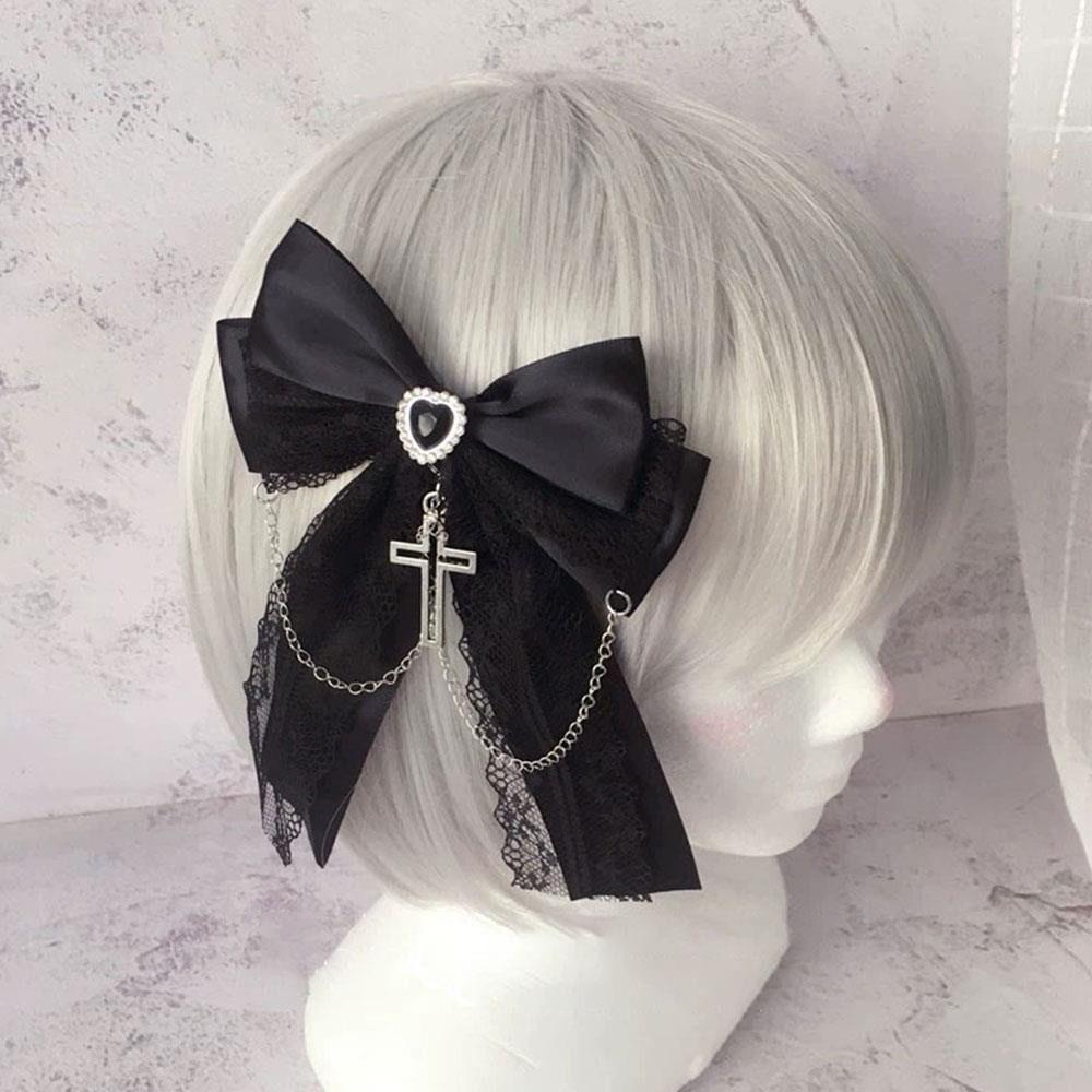 Cute Bow Cross Pendant Gothic Hair Clip Exquisite Lace Design Bag Charm Lolita Hair Accessories Japanese Style Y2K Hair Clip