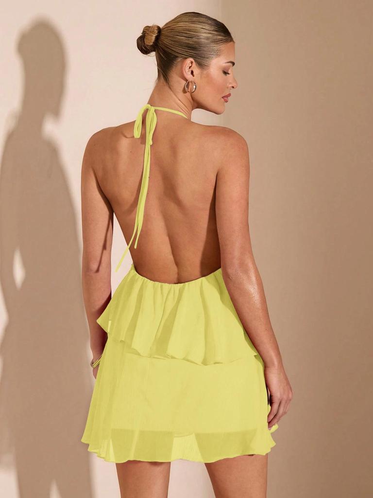 New Women's Irregular Backless Lace-up Dress with Solid Color and Sexy Cake Skirt