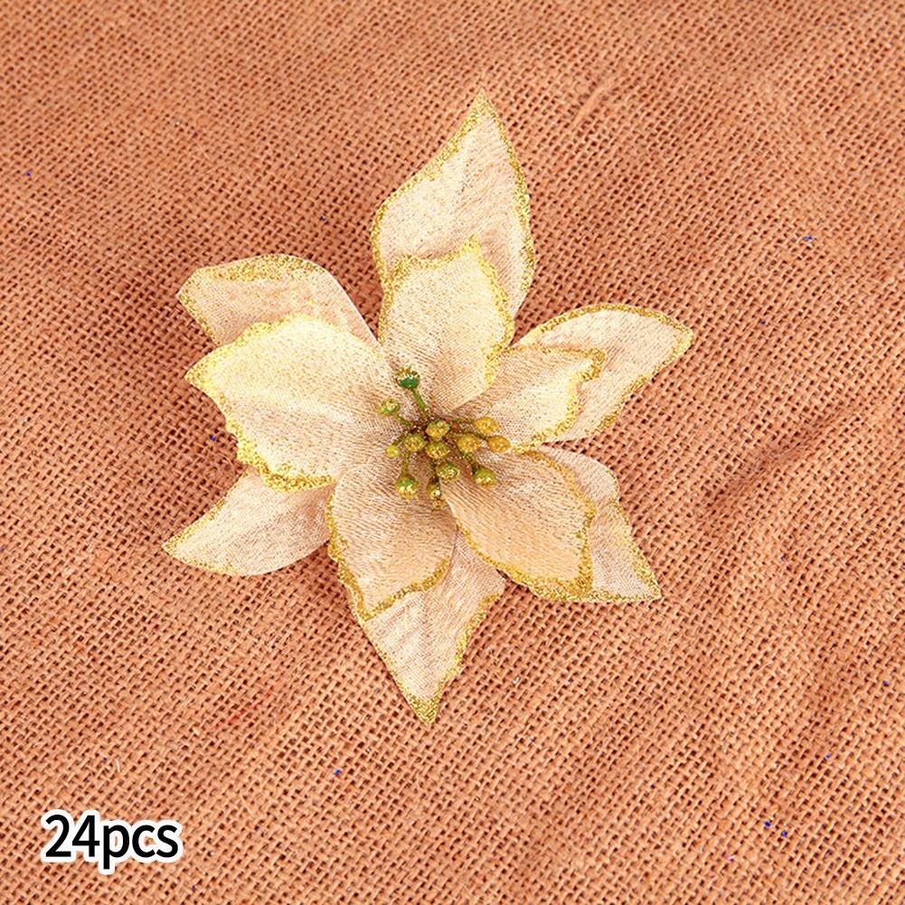 5/24PCS Glitter Artificial Poinsettia Christmas Tree Ornament Home Decor Flower