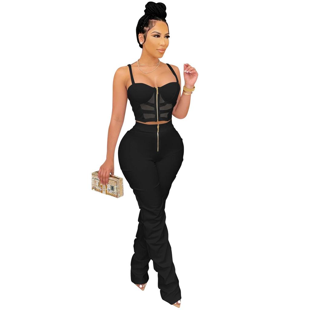 X5215 Women's Solid Color Sexy Camisole Bustier Zipper Vest and Long Pants Two-Piece Set