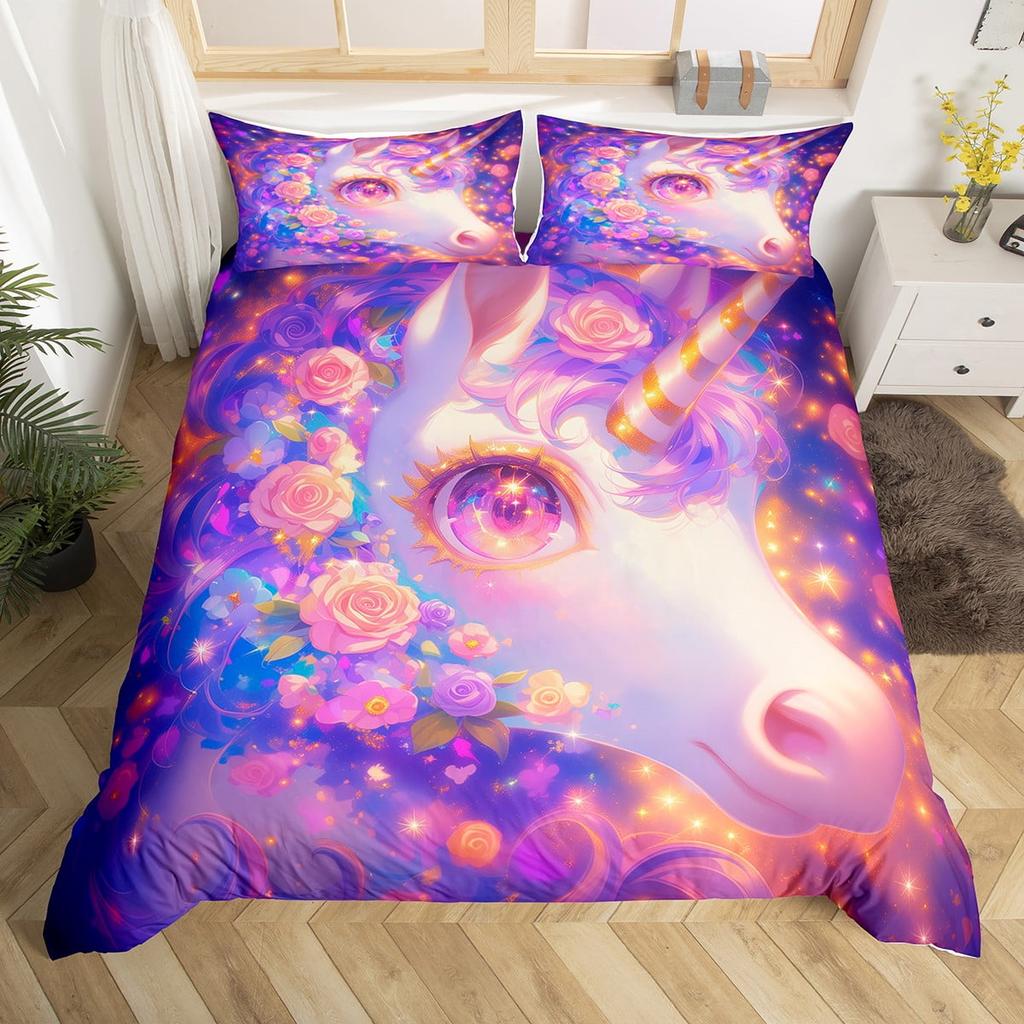 Comforter Unicorn Queen Pink Flowers Bedding Set For Kids Girls Bedroomromantic Sparkle Galaxy Stars Comforter Unicorn