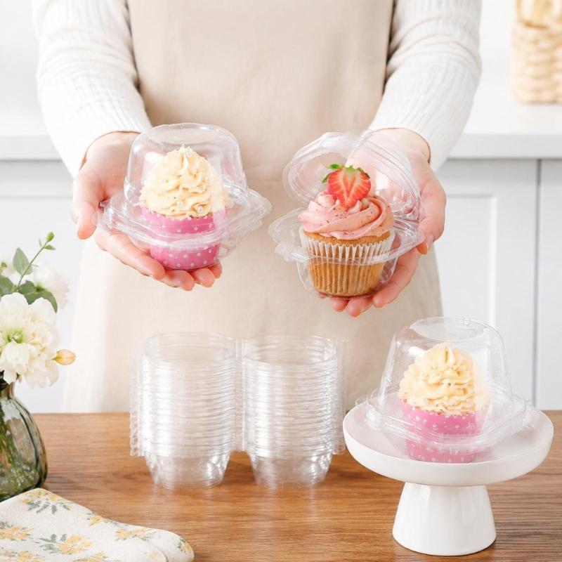 Individual Dessert Packages in Clear Plastic with Hinged Domed Covers and Fold-Over Fasteners for Takeout Display