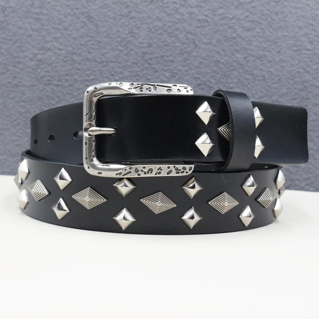 Genuine Leather Belt with Square Studs & Diamond Rivets - Western Style