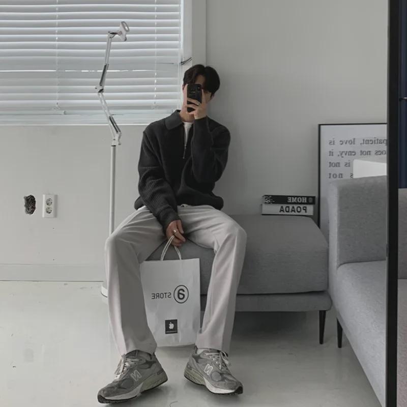 Men's Japanese Retro Half-Zip Sweater – Autumn/Winter, High-End, Loose Fit, Lapel Style, Casual.