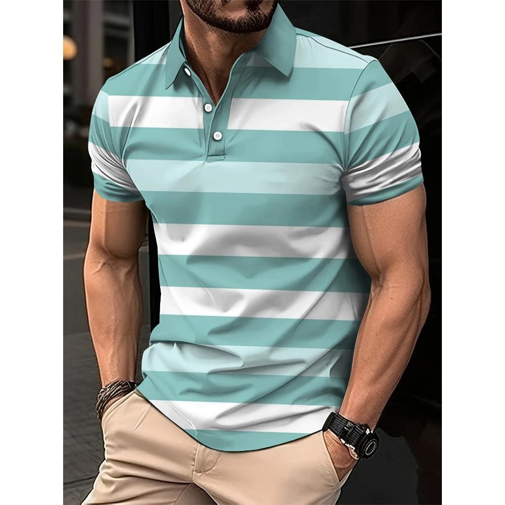 Summer Men's Polo Shirt with Stripes Print Breathable Lightweight Casual Fashionable Outdoor Men's Clothing