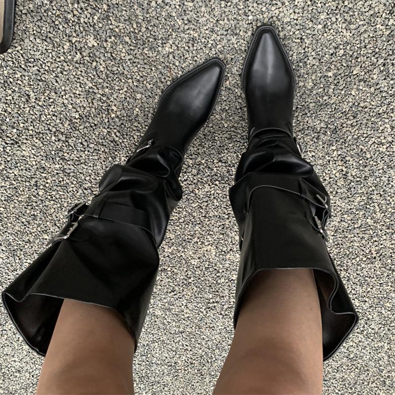 Autumn Vintage Thick Heel Women Knight Boots Fashion Belt Buckle Shoes Ladies Elegant Pointed Toe Mordern Knee High Booties