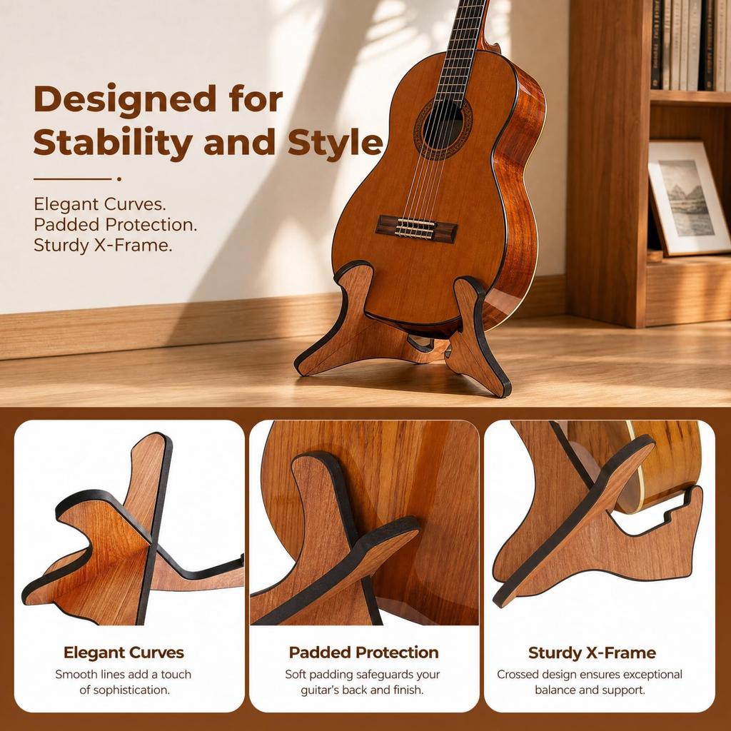 Miwayer Wooden Guitar Floor Stand Light Brown Non-slip Portable String Instrument Stand for Acoustic Classical Electric Guitar and Bass