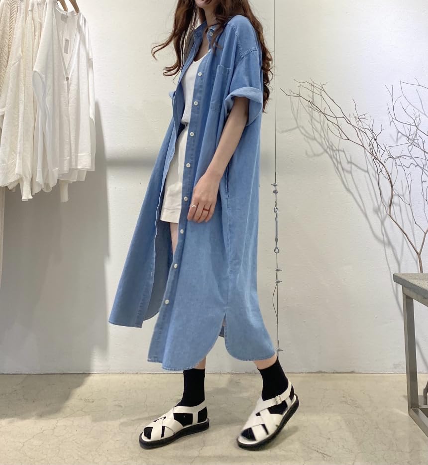 JINJUDUO Denim Slimming Loose Office Long Shirt Short Size M Women's Dress, Cotton, Silhouette, & Casual, Spring, Summer, Fall, Dress, Collar,