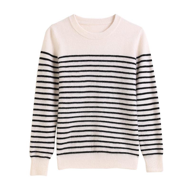 Women's Black & White Striped Round Neck Cashmere Sweater - New Autumn/Winter Style, Long-Sleeved, Color-Block Knit, Regular Fit.