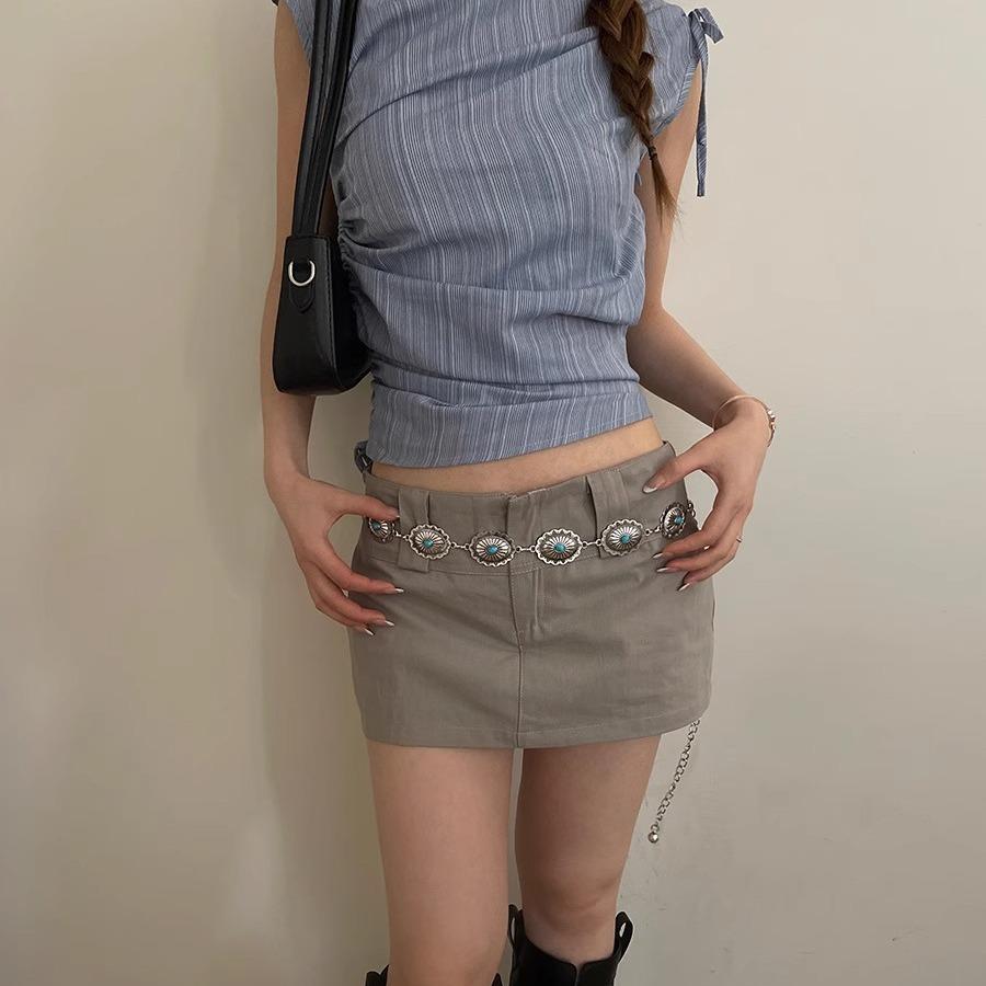 Retro Ethnic Style Belt Women'S Brown Printing Design Sense Matching Skirt Jeans Belt Texture Metal Waist Chain