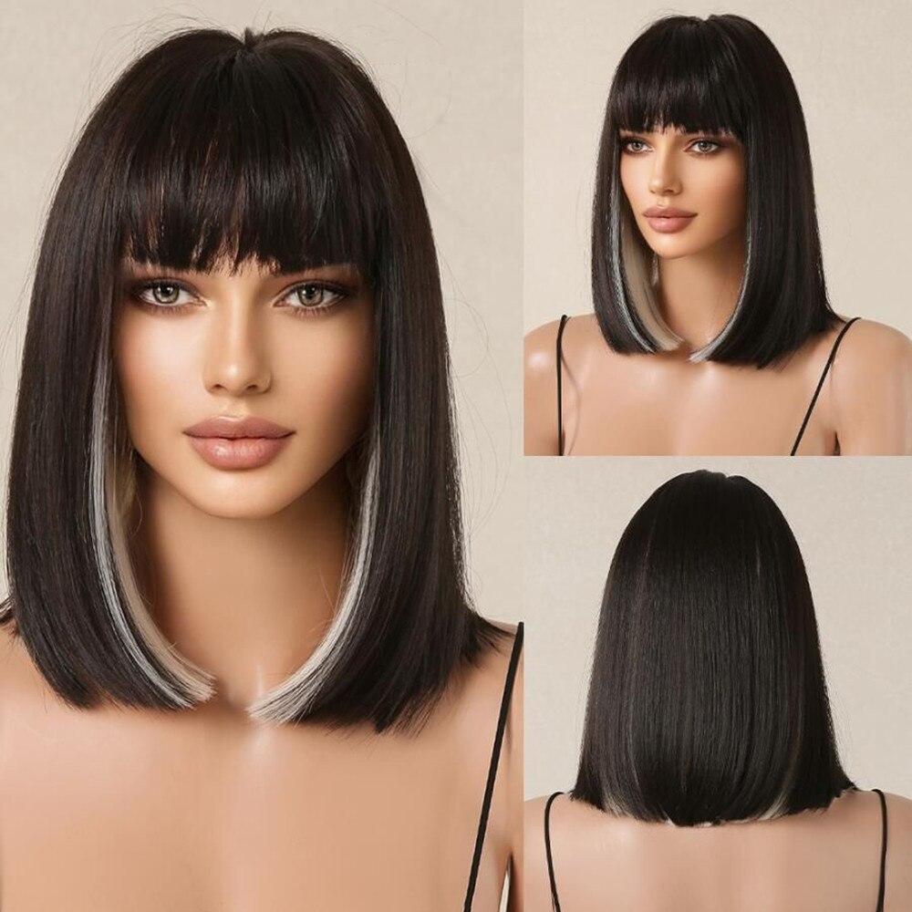 ALAN EATON Short Brown Highlight Bob Wigs Synthetic Hair Wig Women Natural Looking Mixed Brown Wig Heat Resistant Fiber Daily
