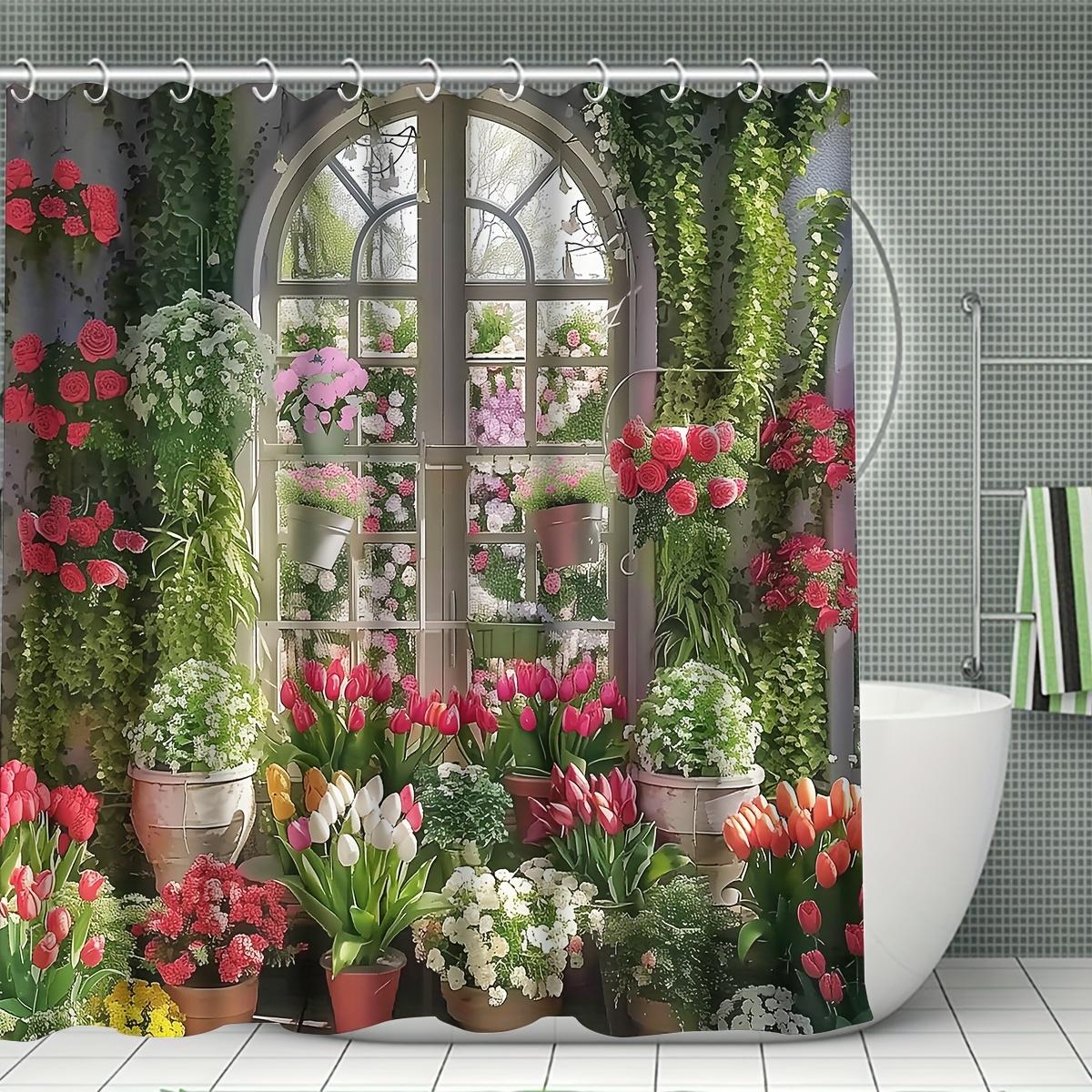 

Штора для ванной «Цветочный сад» - Яркие цветы и зелень, Водонепроницаемый домашний декор добавляет весеннее очарование вашей ванной комнате W90XH180cm