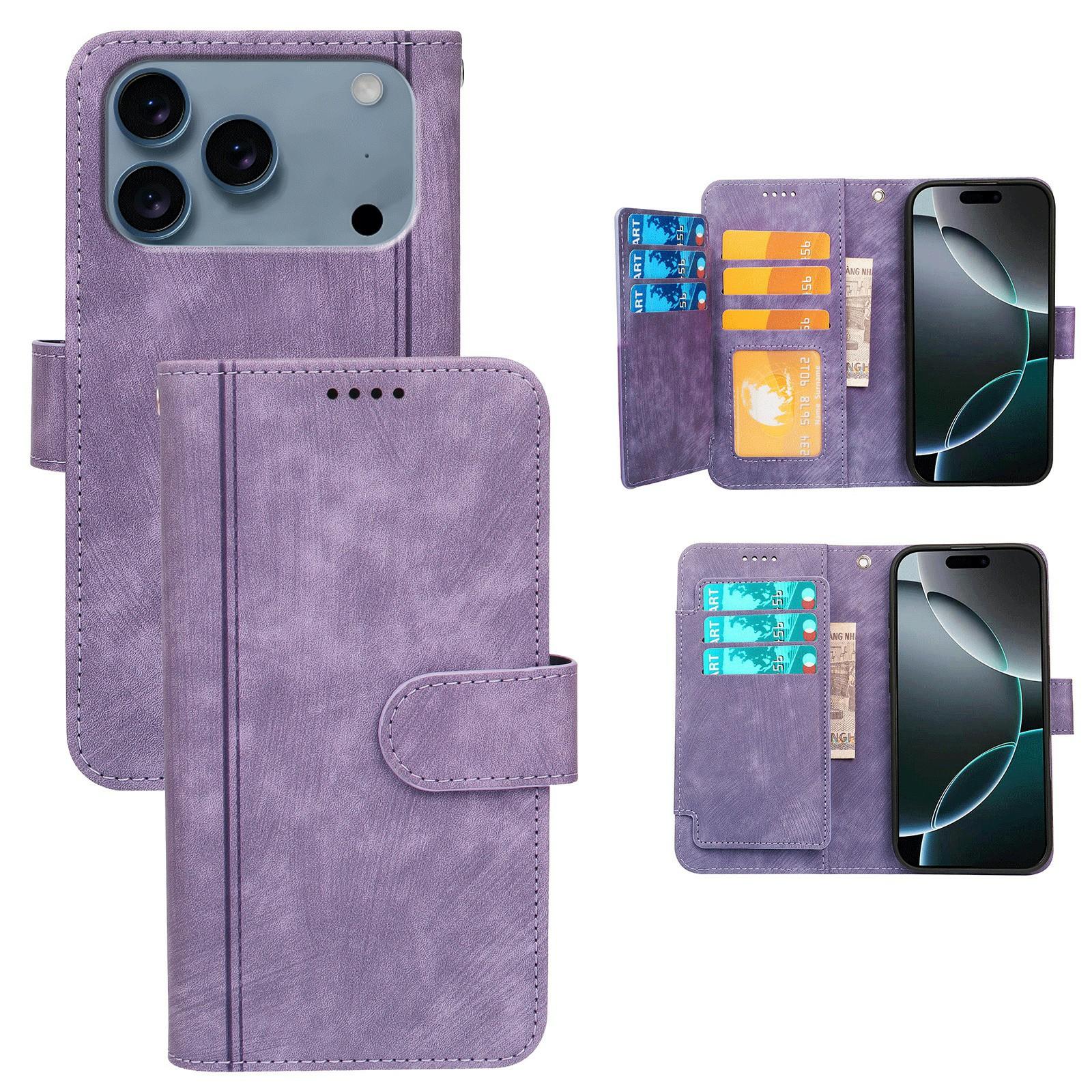 

For iPhone 17 Pro Max Leather Case Line Pattern Wallet Phone Cover with 9 Card Slots Purple