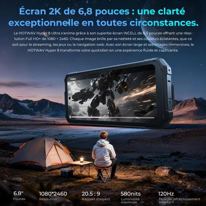 HOTWAV Hyper 8 Ultra 5G Telephone Portable Incassable 32+512Go 6.8" FHD+ 12000mAh Smartphone Android 15 108MP Dual SIM/NFC/IA Noir