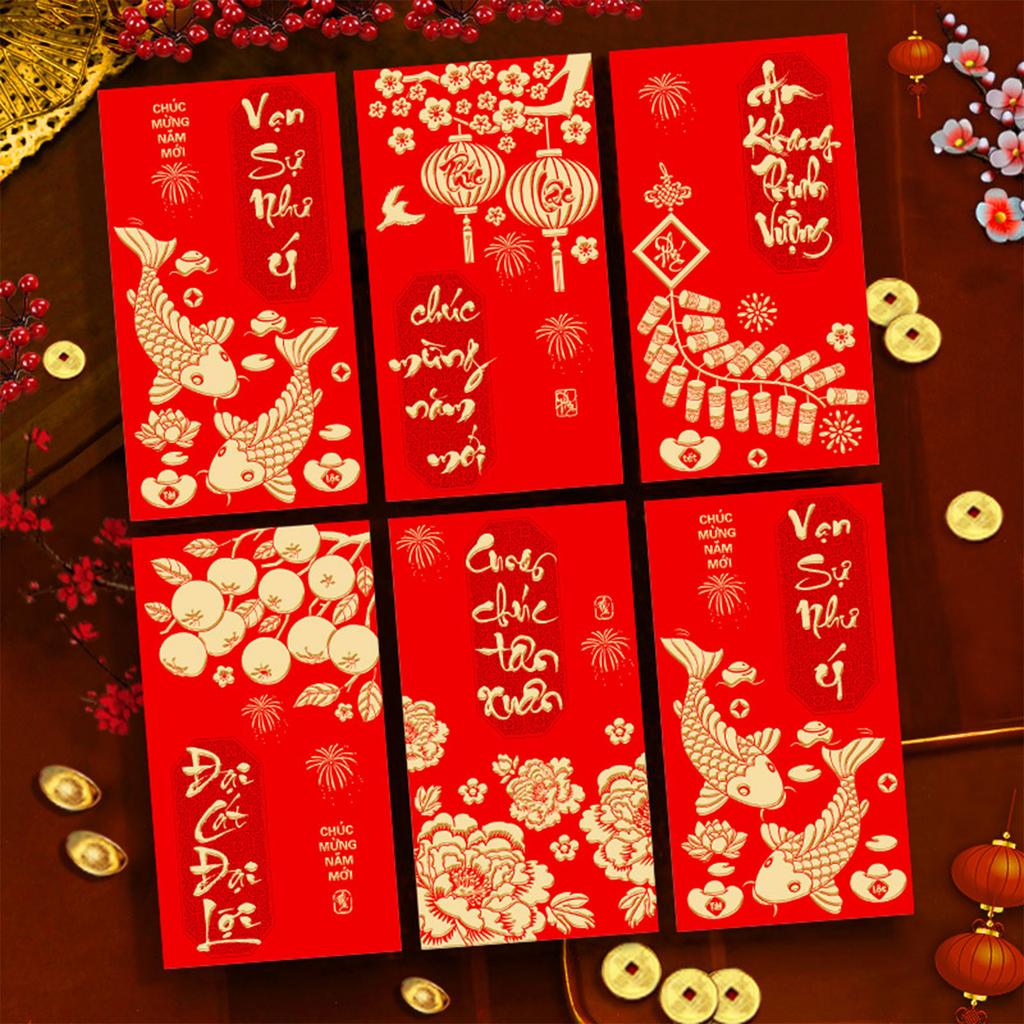Pack of 6 Vietnamese Lunar New Year Red Envelopes With Festive Horse Design and Matte Finish for 2026 Celebrations