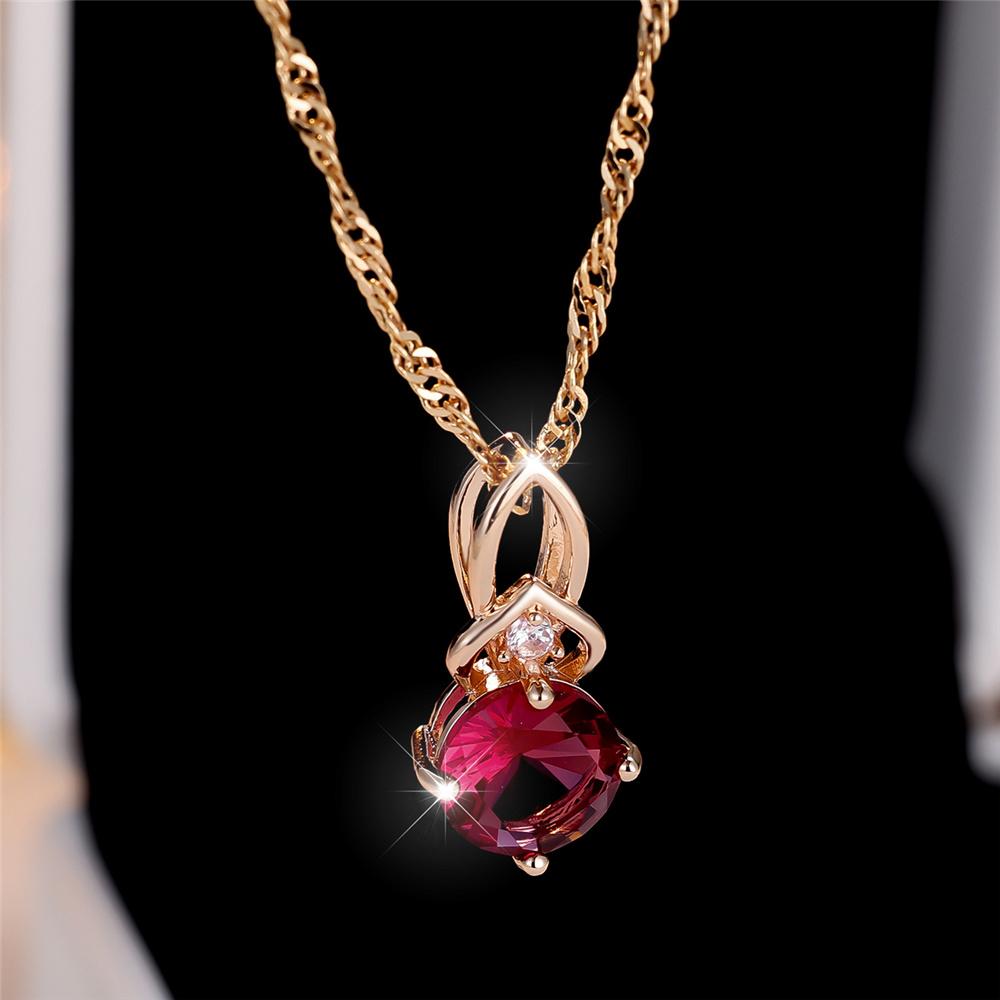 Damen Kristall Rose Rot Zirkonstein Niedlich Rund Anhänger Halskette Vintage Goldfarbe Hochzeit Für Frauen