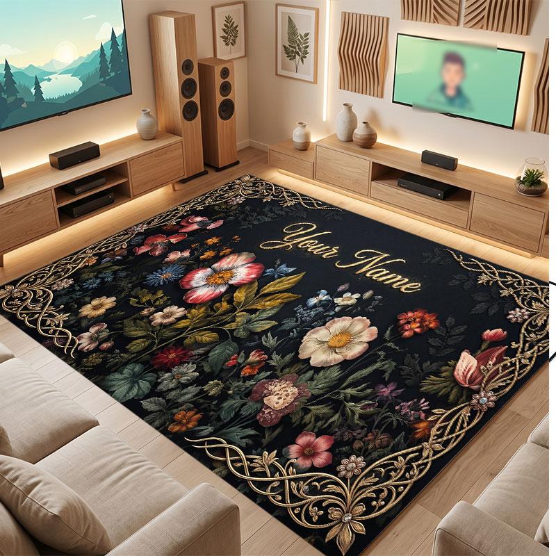 Floral Garden Theme Crystal Velvet Floor Rug Personalized Custom Name Text Warm Carpet Home Decoration