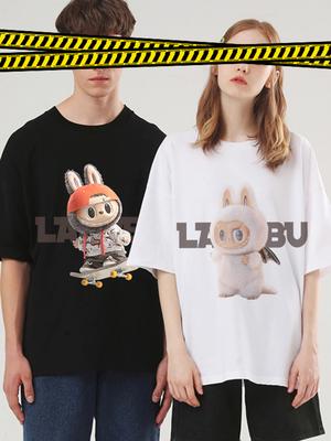 Labubu Design Sense Cartoon Casual Printed T Shirt Summer Loose Couple Pure Cotton T-shirt Men and Women Half Sleeve