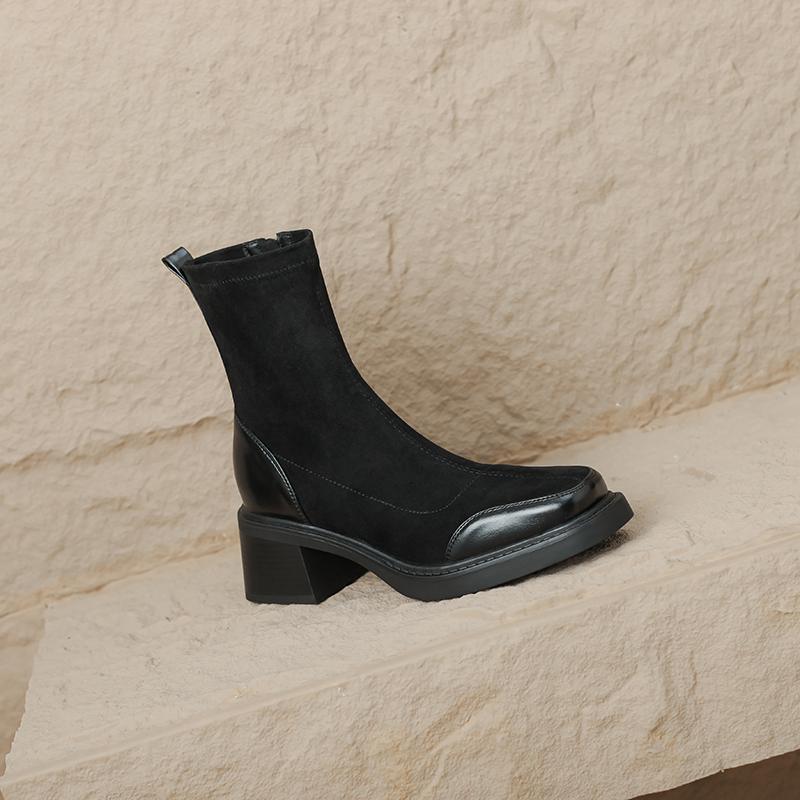 Обувь Krazing Pot PU Flock осень-зима на толстом высоком каблуке ботинки челси с квадратным носком европейский стиль сохраняющие тепло ботильоны 34 чёрный 5963₽