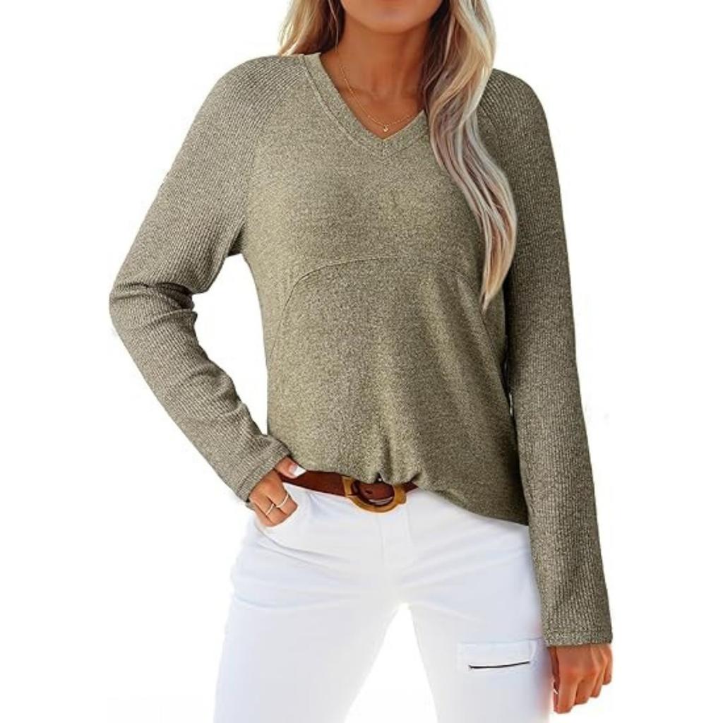 Women's Solid Color V Neck Long Sleeved Top