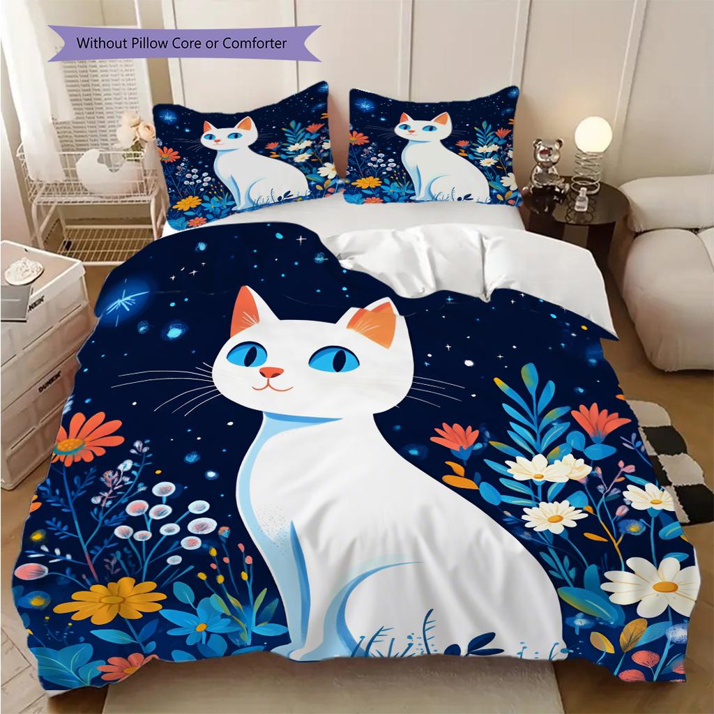 Weißes Katzenmuster Bettwäsche Steppdecke Set Deckenbezug Kissenbezug Heimdekoration Geburtstagsgeschenk (1 Bettbezug + 2 Kissenbezüge, ohne Füllung)