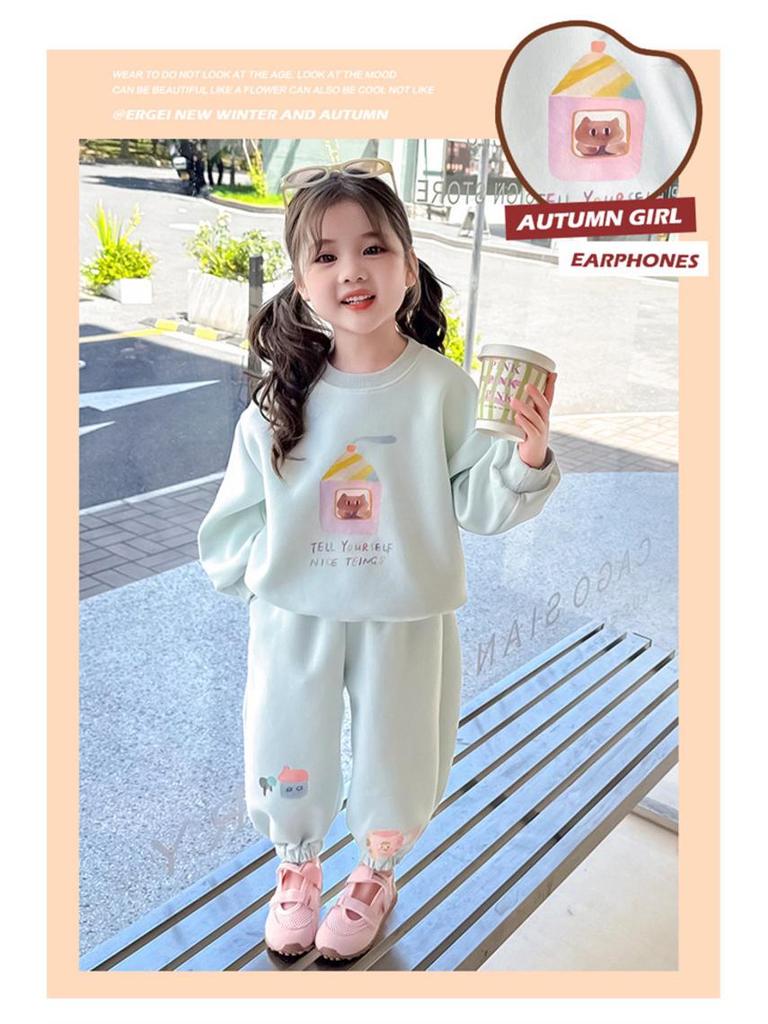 2026 Spring Baby Girl Cartoon Hoodie & Pants Set - Elegant & Printed for Girls