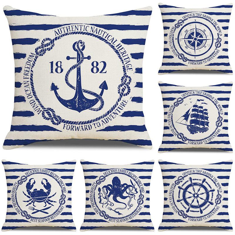 Nordic Nautical Blue Striped Pillow Marine Linen Cushion Cover New Home Soft Accessories