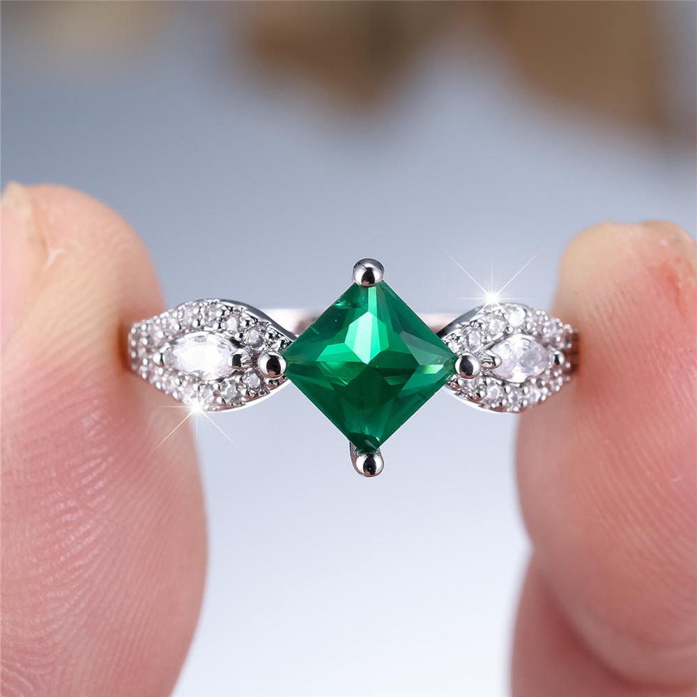 Princess Cut Square Green Zircon Rings for Women Silver Color Promise Engagement Rings Romantic Wedding Party Jewelry Gift