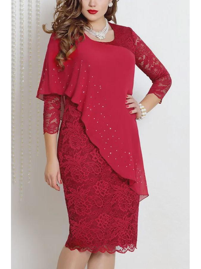 Elegant Three-Quarter Sleeve Solid Color Lace Trim Slim Dress for Plus Sizes
