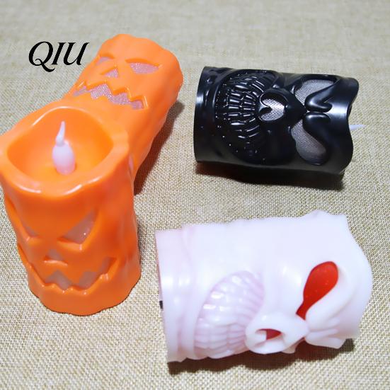 Battery Operated Spooky Candle Flameless Halloween with LED Light, Ghost Face Pumpkin Skull Design 3D Textured Safe Indoor Outdoor