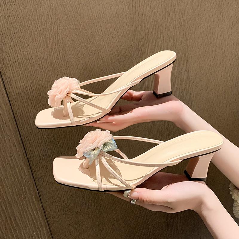 Slippers Women's Sandals Woman Summer 2024 Sweet Flowers Fashion Designer Slides Elegant Party Dress Medium Heel Footwear New In