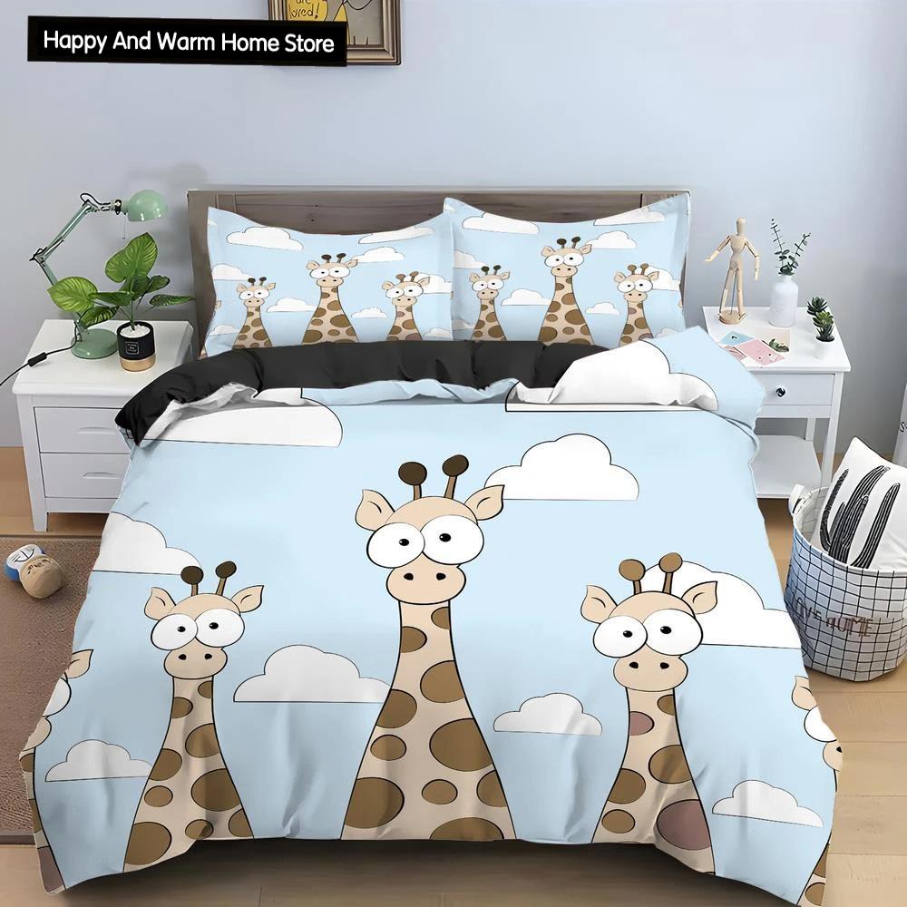 Cartoon Giraffe König Königin Bettbezug Jungen Mädchen Tier Bettwäsche Set Wildtiere Deckenbezug Polyester Bettdecke