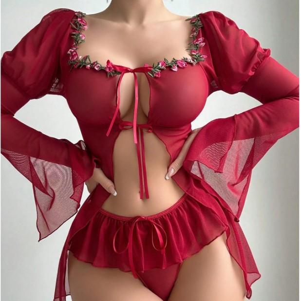 Sexy Lingerie Sexy Mesh See-through Long Sleeve Split Lace Sexy Suit