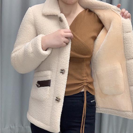 Lambswool Faux Fur Lined Loose Fit Mid-Length Women's Winter Coat, 2025 Autumn/Winter Collection