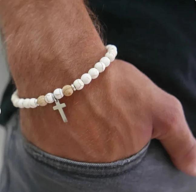 Men's Cross Pendant Bracelet for Men and Women Elastic Yoga Christian Bracelet Men's Beaded Bracelet
