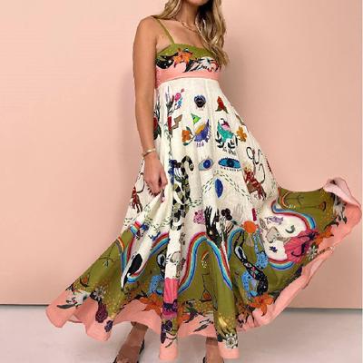 Women's Cotton Linen Halter Graffiti Print Sleeveless Swing Dress